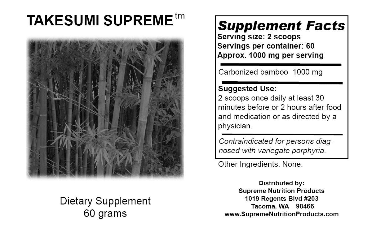 Supreme Nutrition Takesumi Supreme bamboo charcoal powder bottle pour demonstrates convenient use.