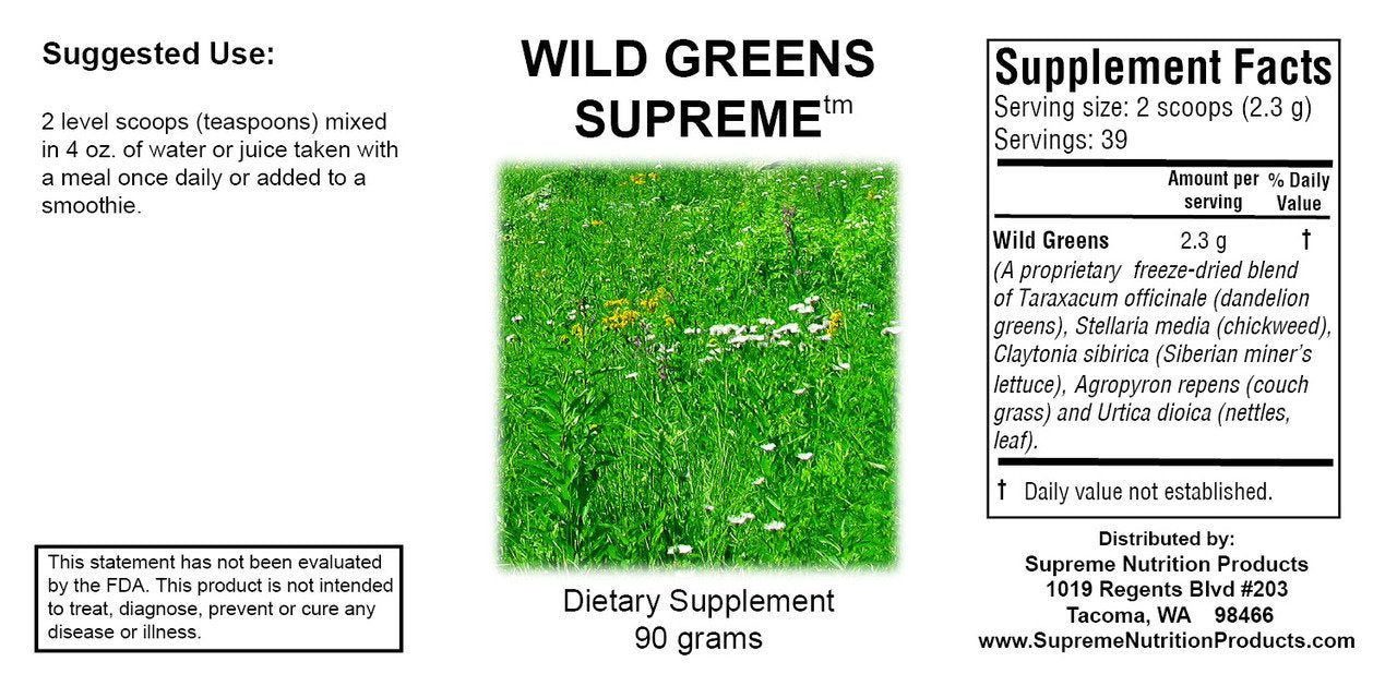 Supreme Nutrition Wild Greens powder scoop highlights convenient, versatile herbal mix for smoothies.