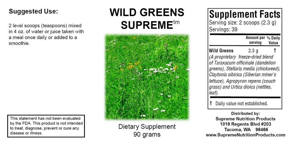 Supreme Nutrition Wild Greens powder scoop highlights convenient, versatile herbal mix for smoothies.