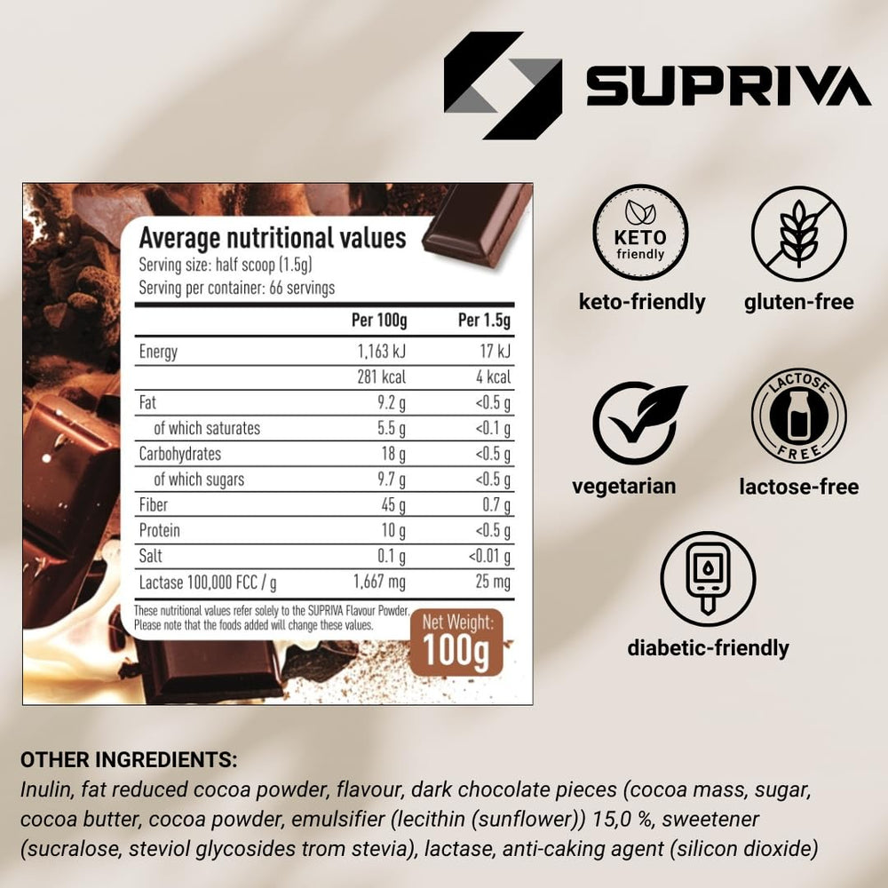 SUPRIVA Flavor Powder scoop shows portion size and low-calorie sweetness