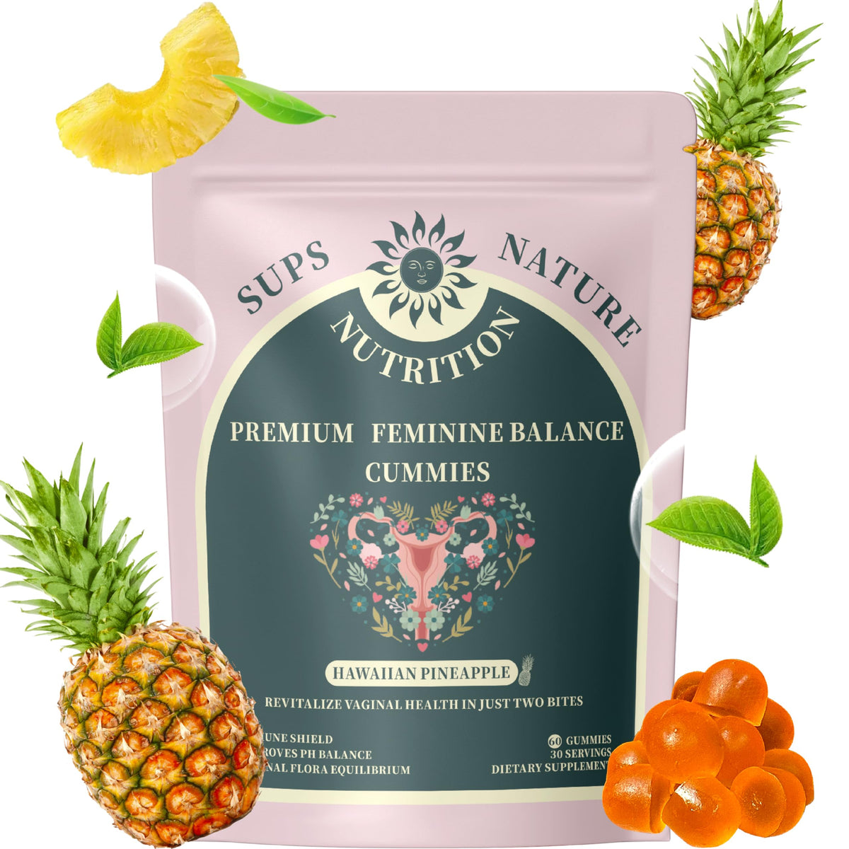 sups nature women's probiotic gummies bottle for daily feminine balance.