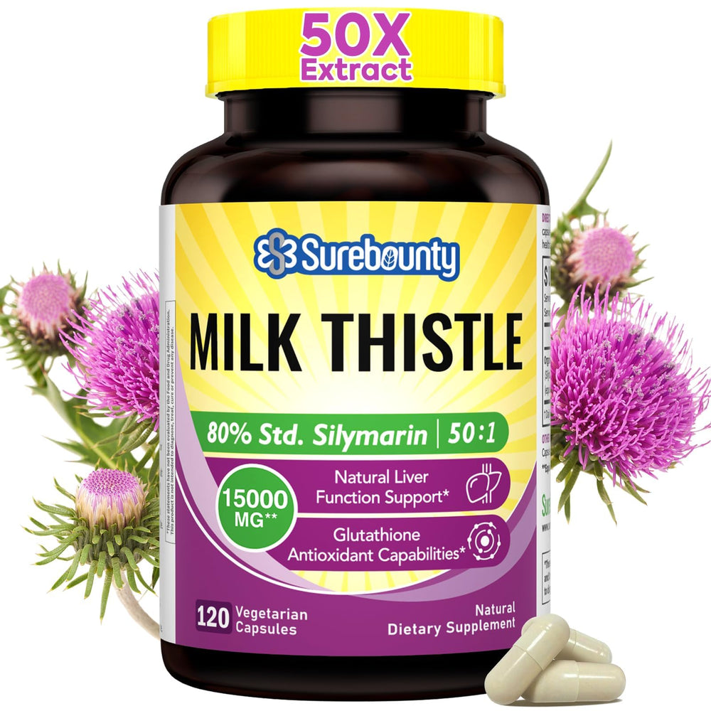 Surebounty milk thistle bottle front highlights 15000 mg strength for liver support