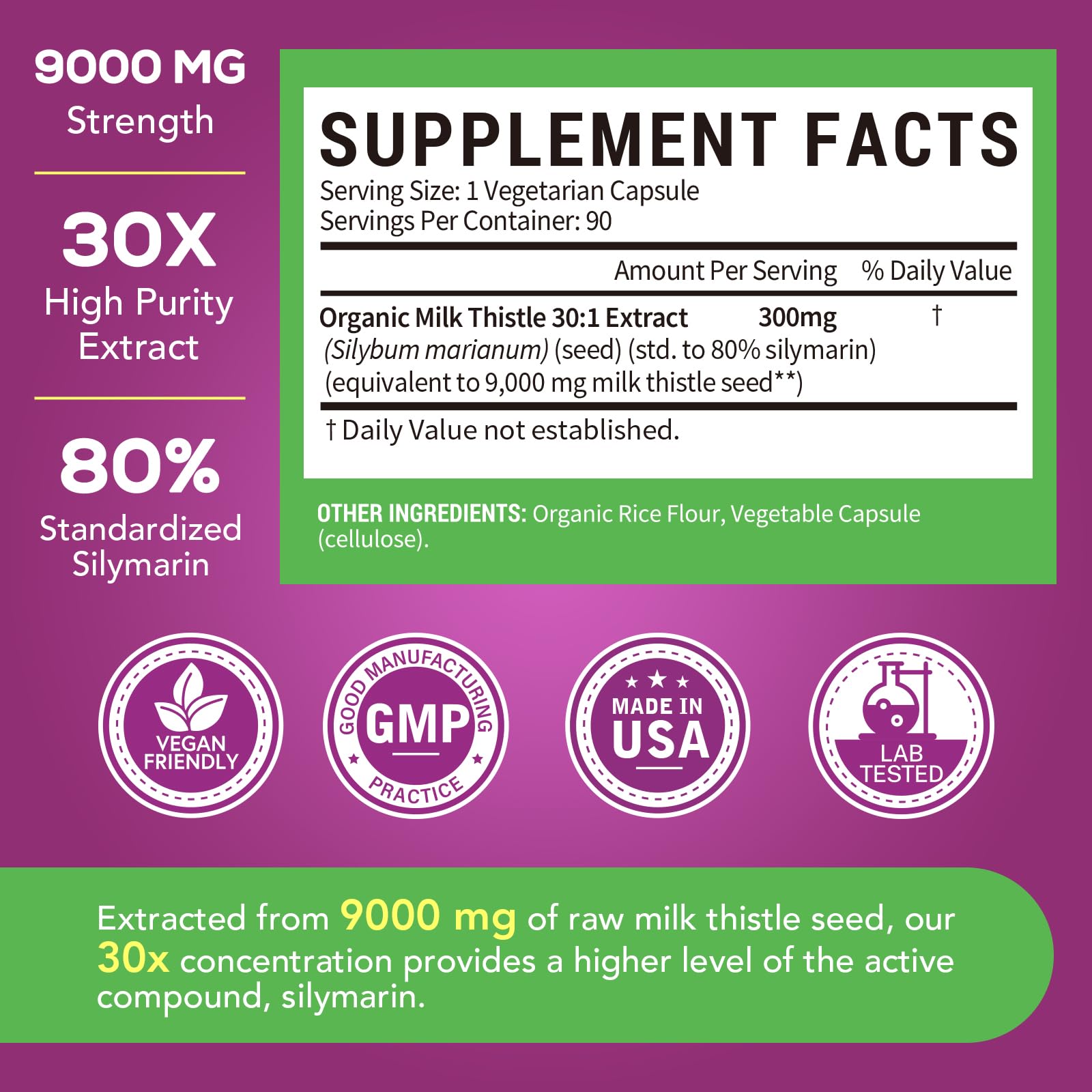 Non-GMO, gluten-free stamp confirms allergen-friendly supplement choice.