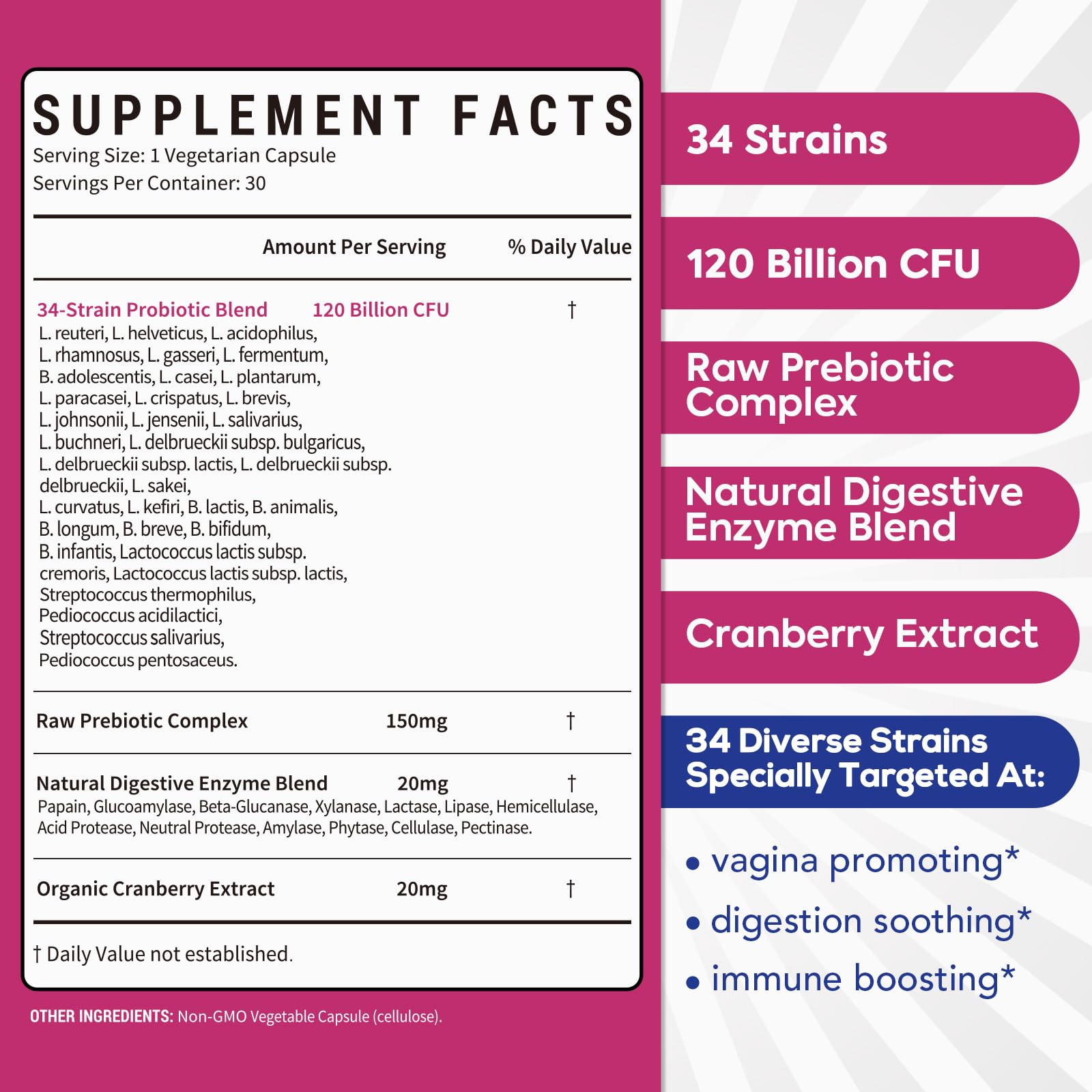 Surebounty Probiotics for Women bottle side emphasizing 120B CFU and 34 strains