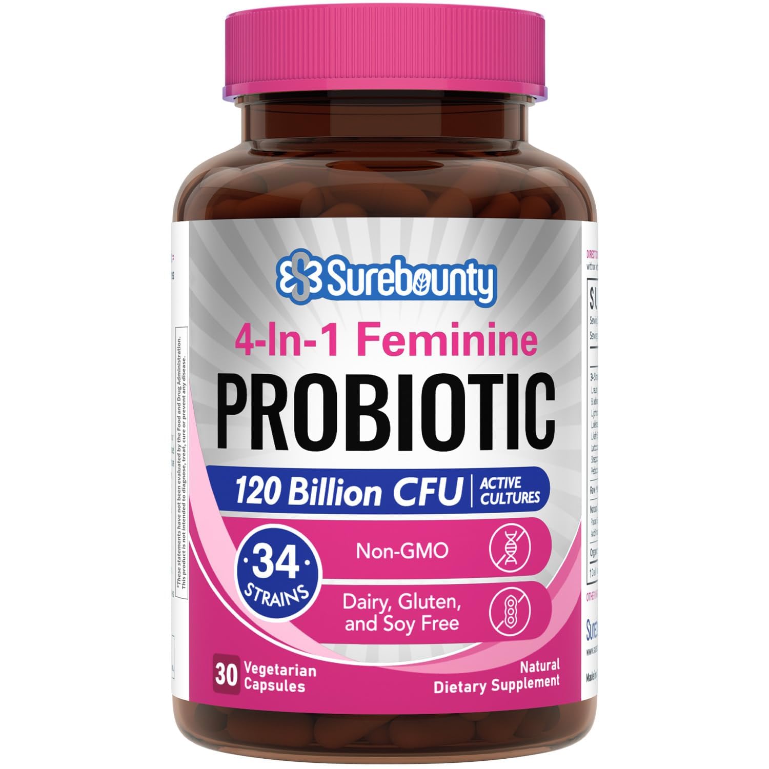 Surebounty Probiotics for Women bottle with high-potency blend for feminine balance.