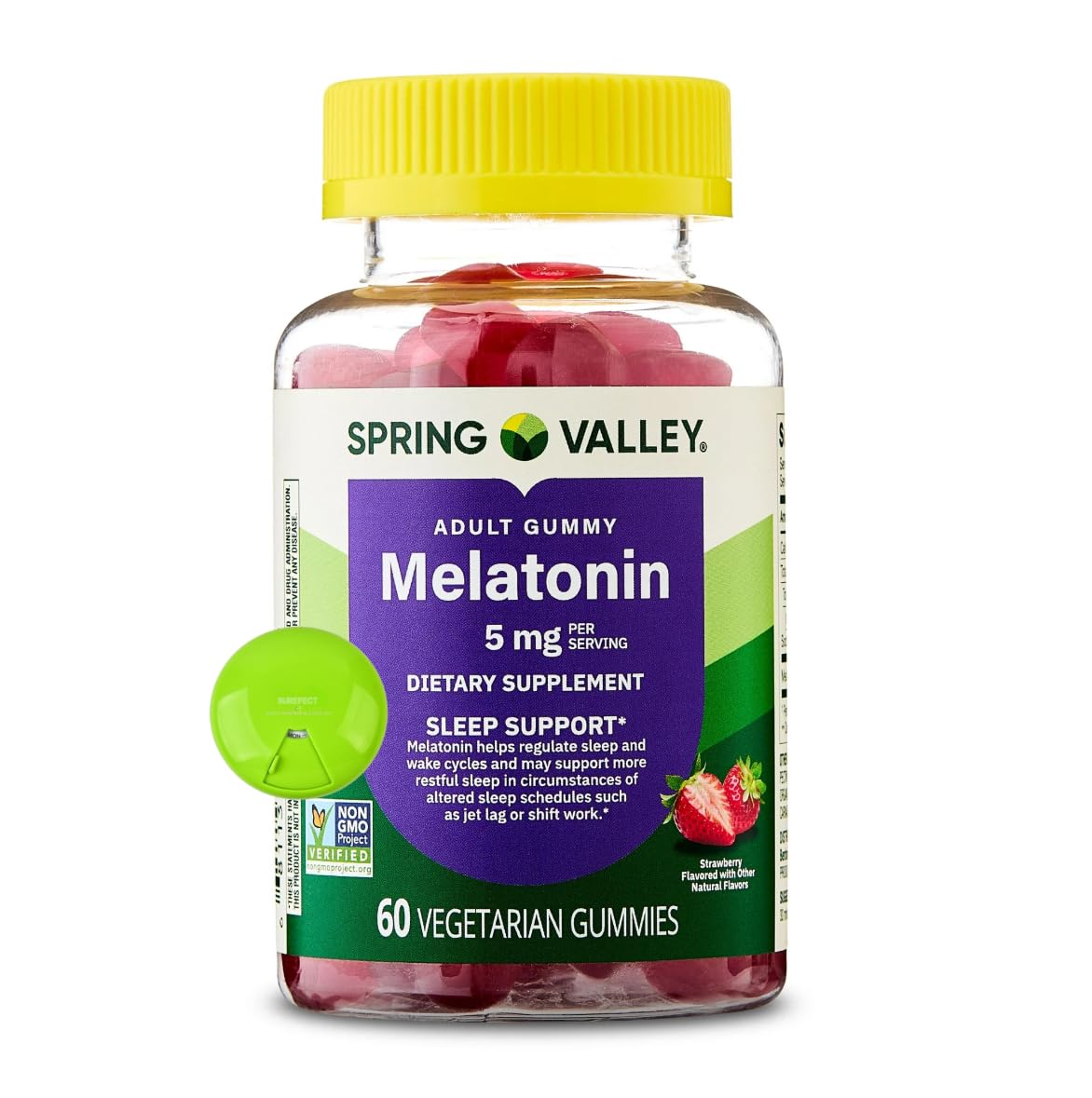 SUREFECT melatonin gummies bottle on a nightstand for a gentle evening routine.