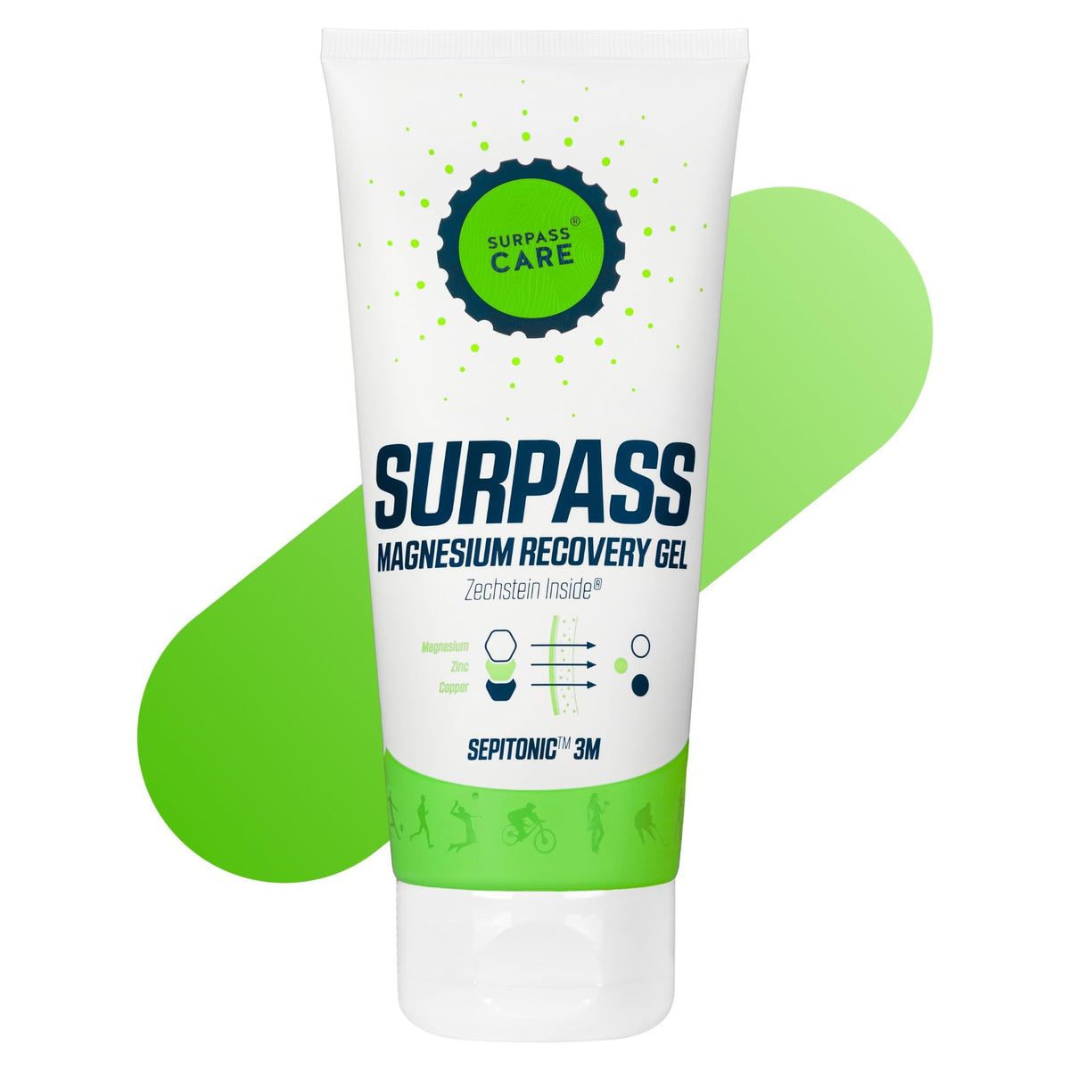 Surpass-Care Magnesium Recovery Gel bottle front showing post-workout cooling relief.