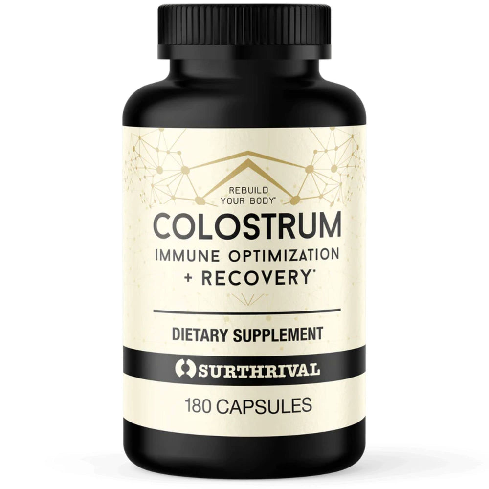 Surthrival Colostrum powder bottle closeup for immune support and digestive health.