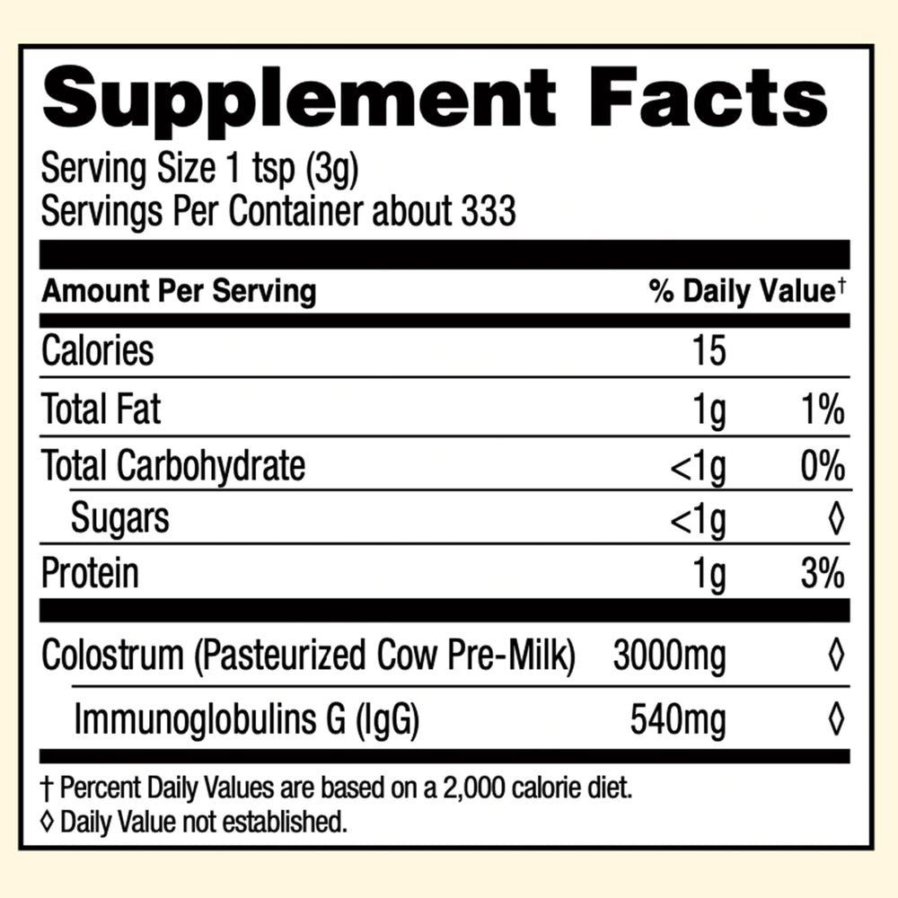 Surthrival Colostrum Powder label highlights non-GMO and GMP.