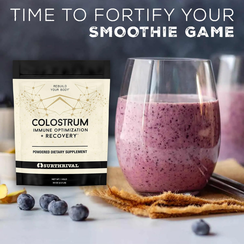 Surthrival Colostrum Powder in smoothie for gut health support.