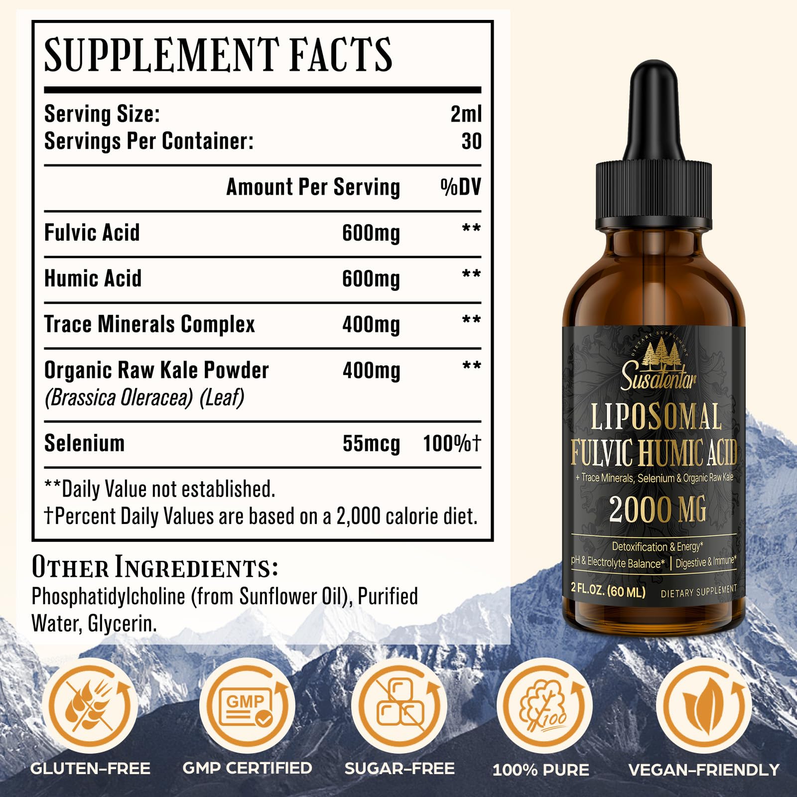 Susatentar fulvic acid bottle pour demonstrates convenient, fast absorbing liquid delivery