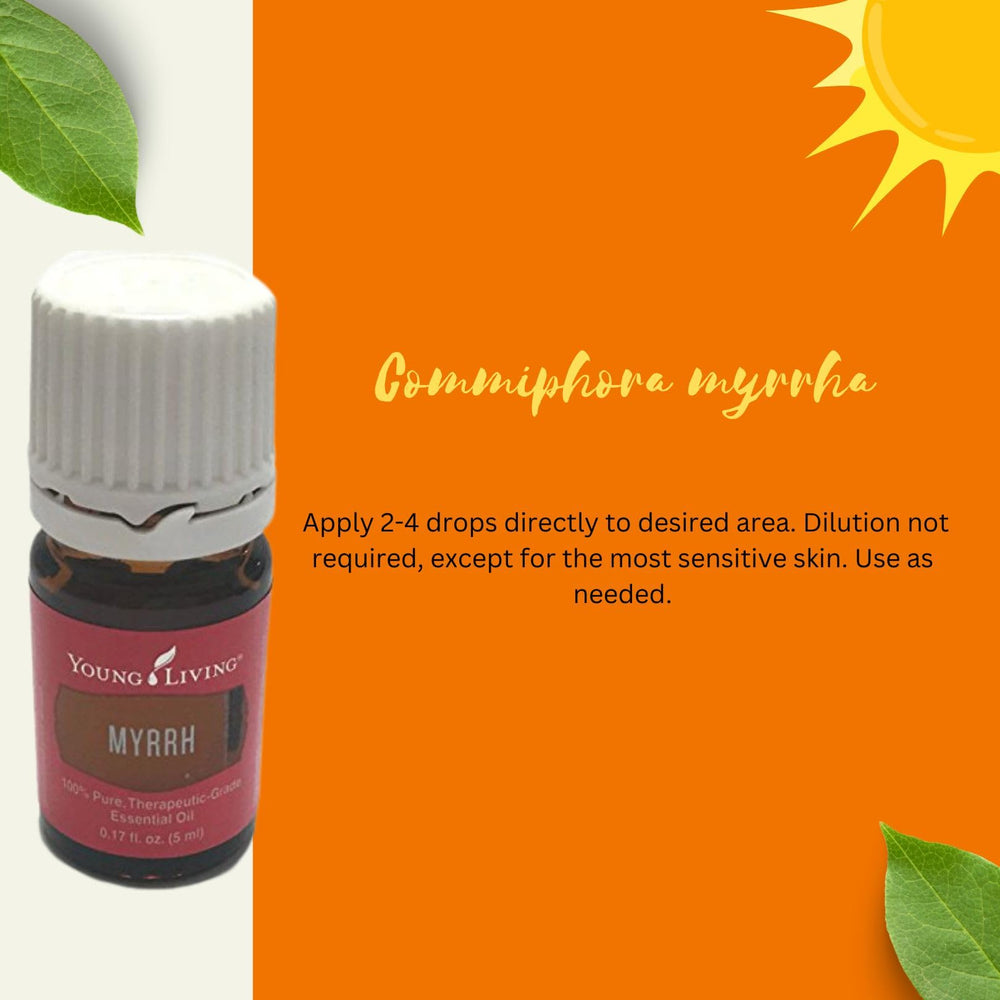 Sustainable packaging highlights ethical sourcing of Young Living Myrrh essential oil.