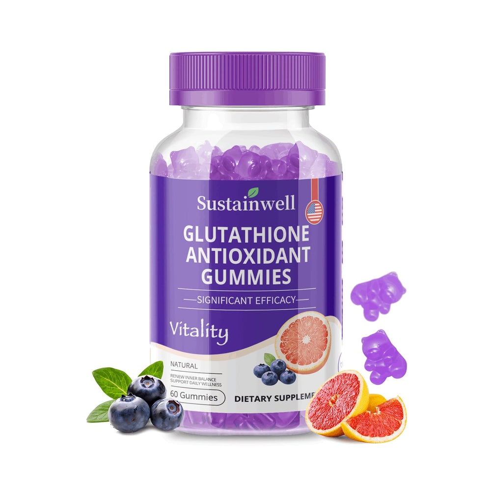 SustainWell Liposomal Glutathione Gummies bottle shown for daily skin support.