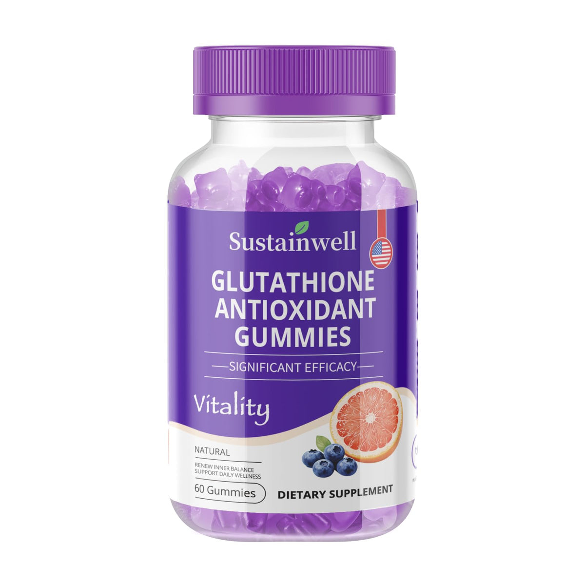 SustainWell liposomal glutathione gummies bottle shown, convenient daily antioxidant support.