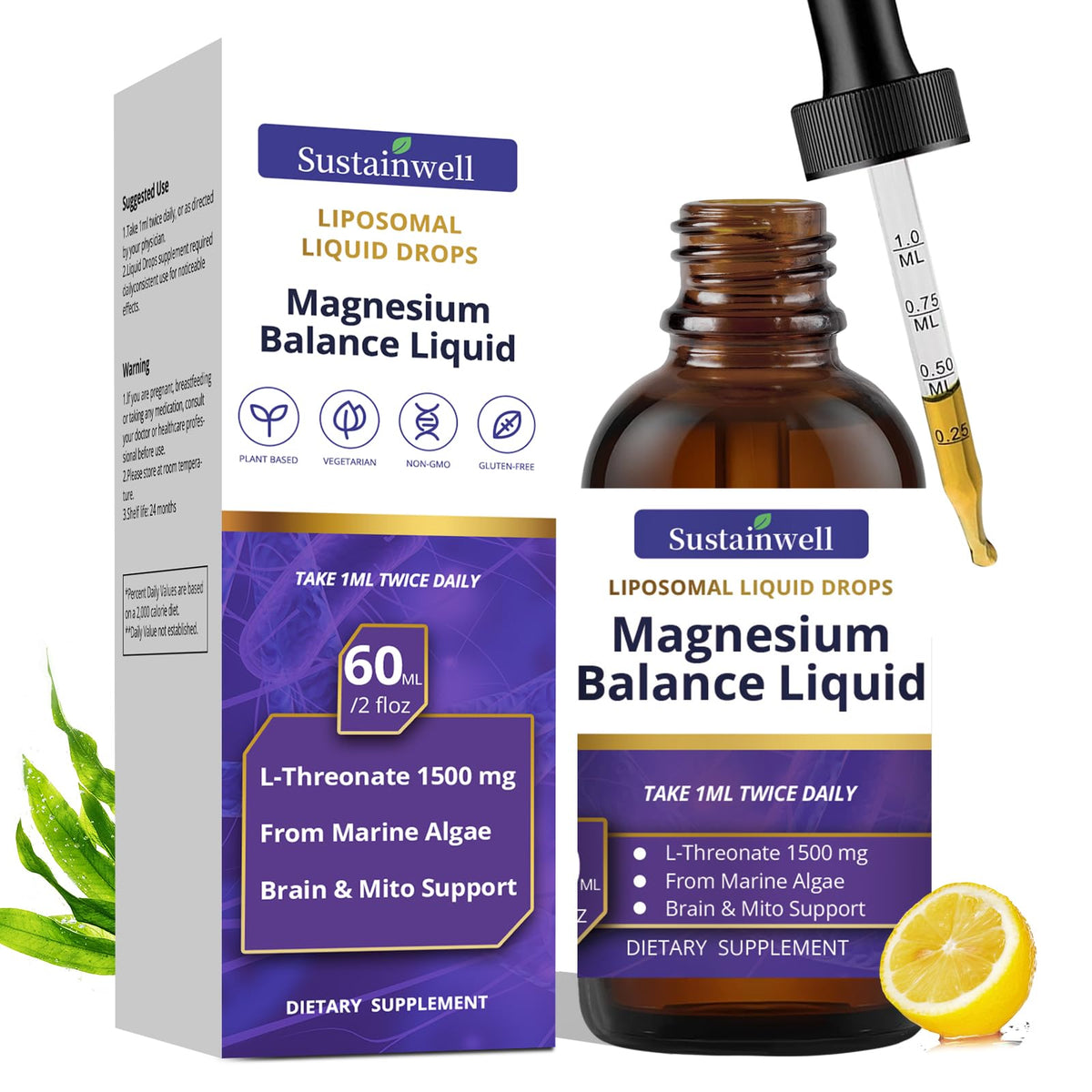 SustainWell magnesium-L-threonate drops bottle for easy daily brain support