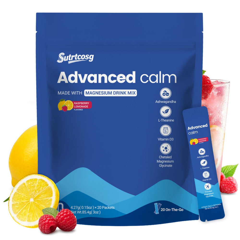 Sutrtcosg Advanced Calm Powder tub pouring into a glass for a calming drink.