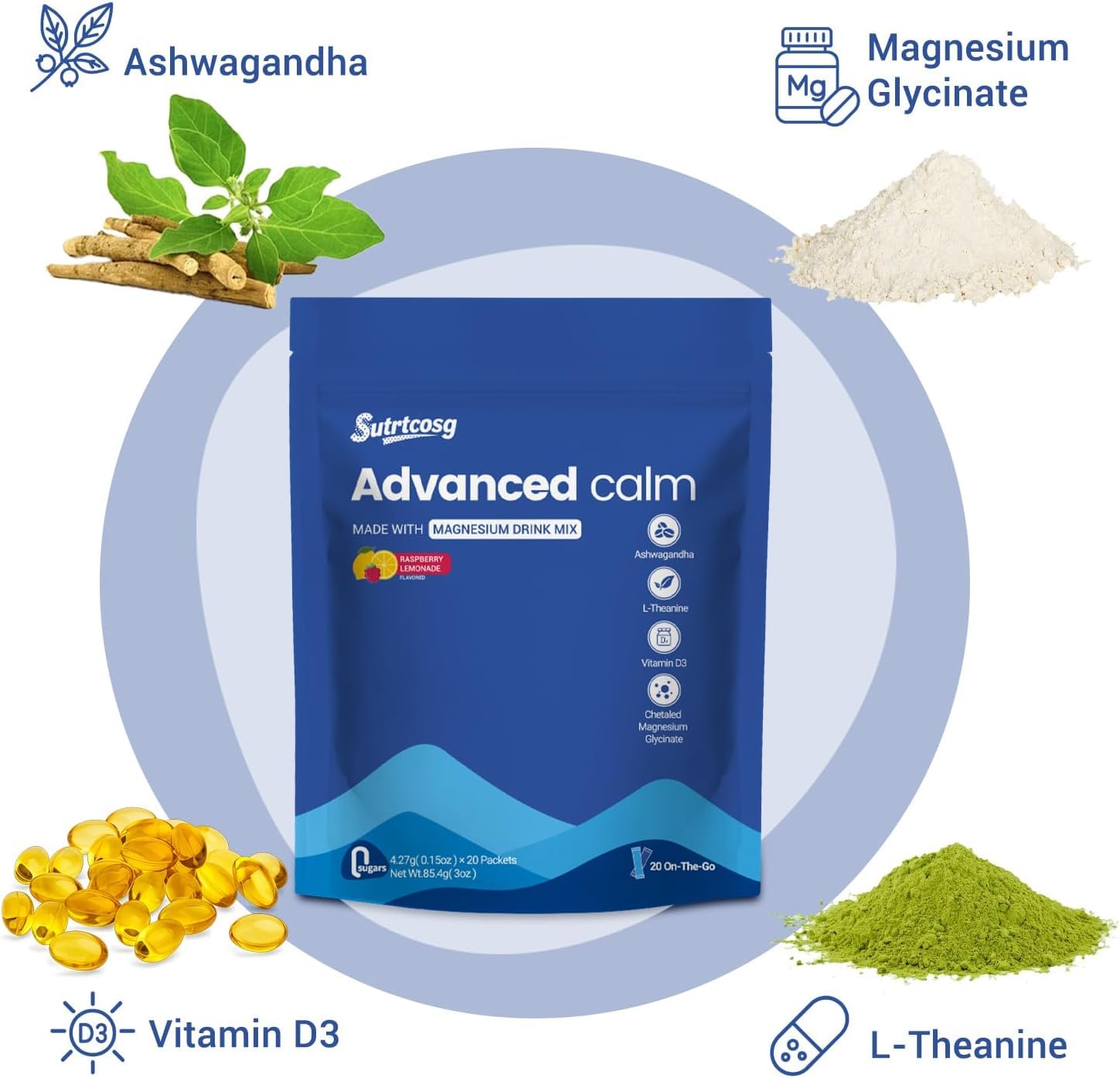 Sutrtcosg Magnesium glycinate and L-theanine scoop with glass for calm focus.
