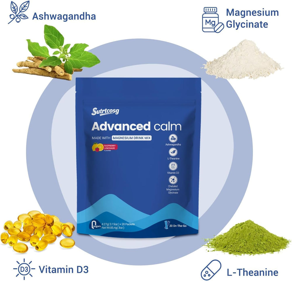 Sutrtcosg Magnesium glycinate and L-theanine scoop with glass for calm focus.