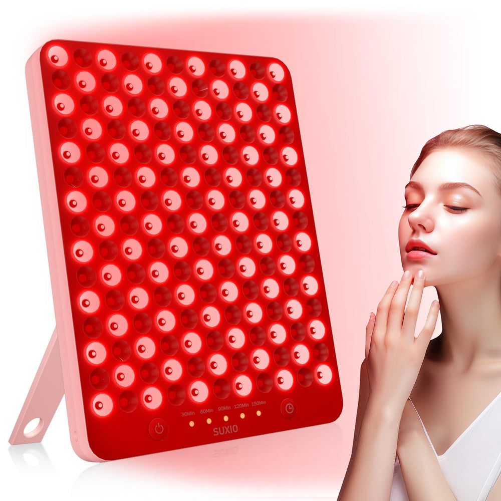 SUXIO red light therapy lamp front view in pink highlighting skin vitality and ease of use