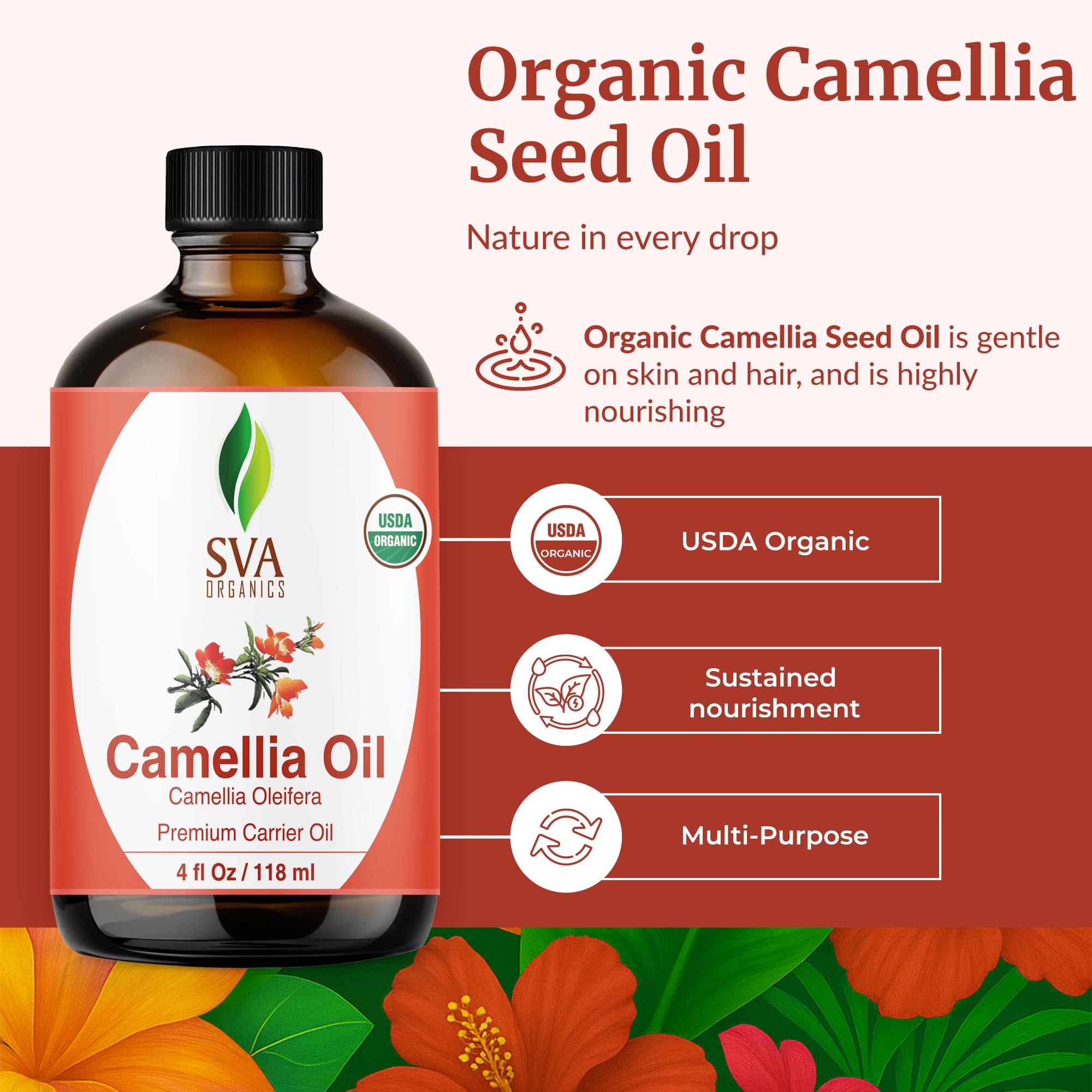 Aplicación en palma de camelia SVA para textura ligera y absorción