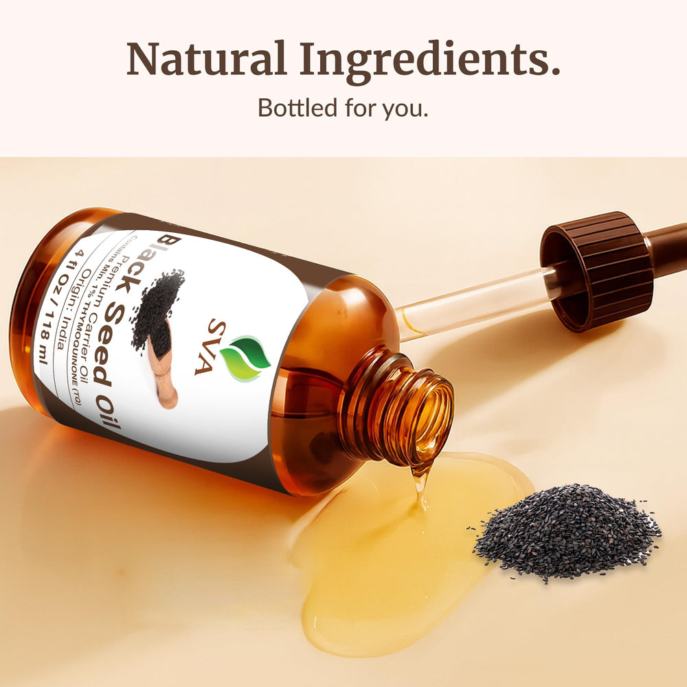 Premium hexane-free SVA Black Seed Oil in a dropper bottle.