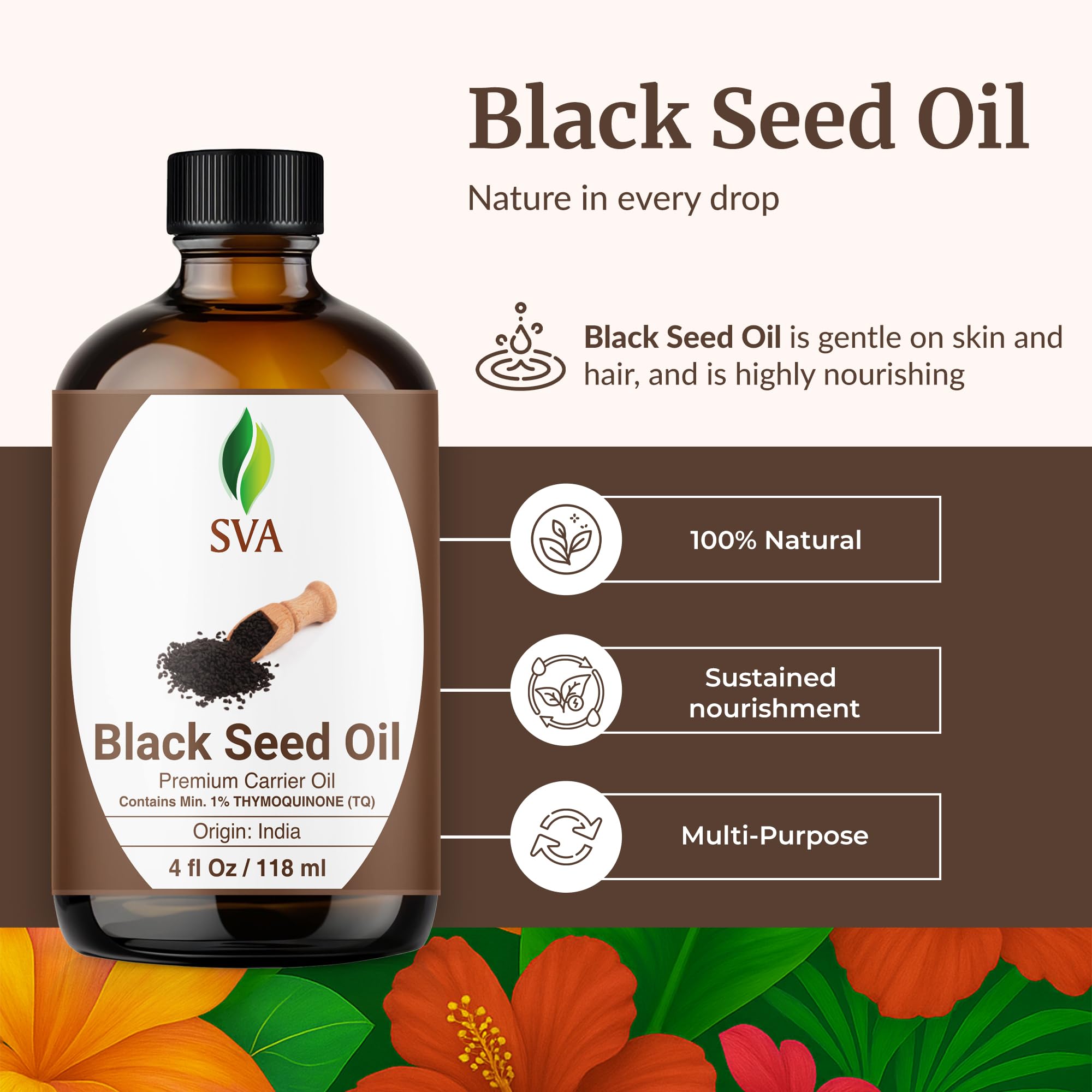 Close-up of SVA Black Seed Oil droplets highlighting rich texture for skin and hair care.