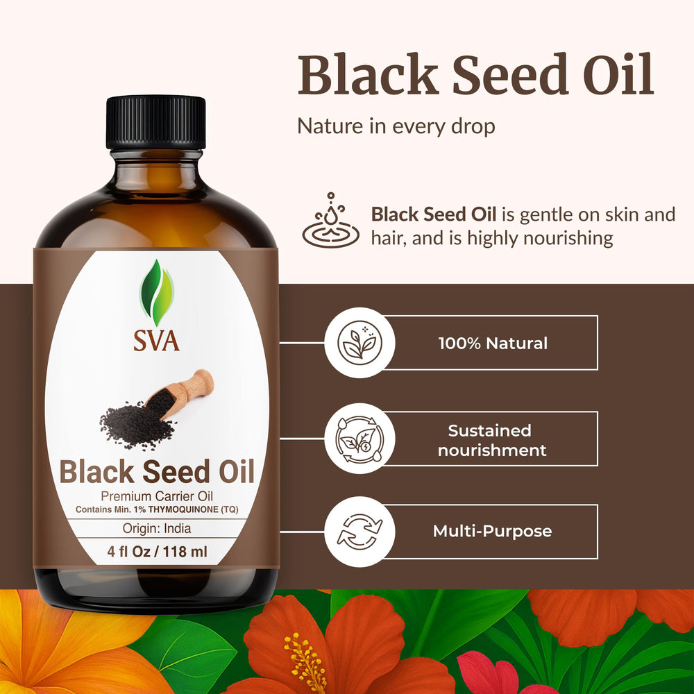 Close-up of SVA Black Seed Oil droplets highlighting rich texture for skin and hair care.