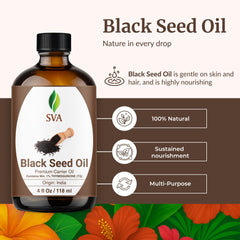 Close-up of SVA Black Seed Oil droplets highlighting rich texture for skin and hair care.