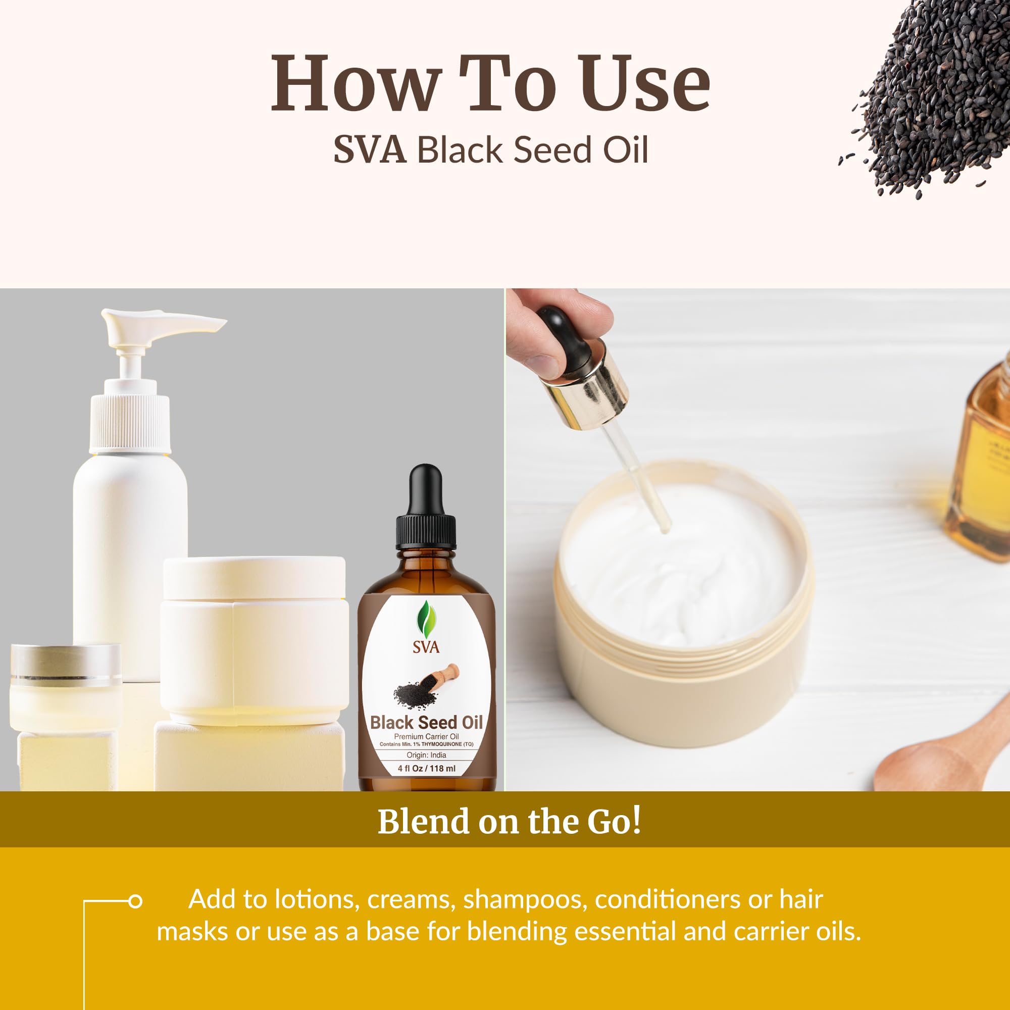Warm SVA Black Seed Oil for deeper skin or scalp penetration.
