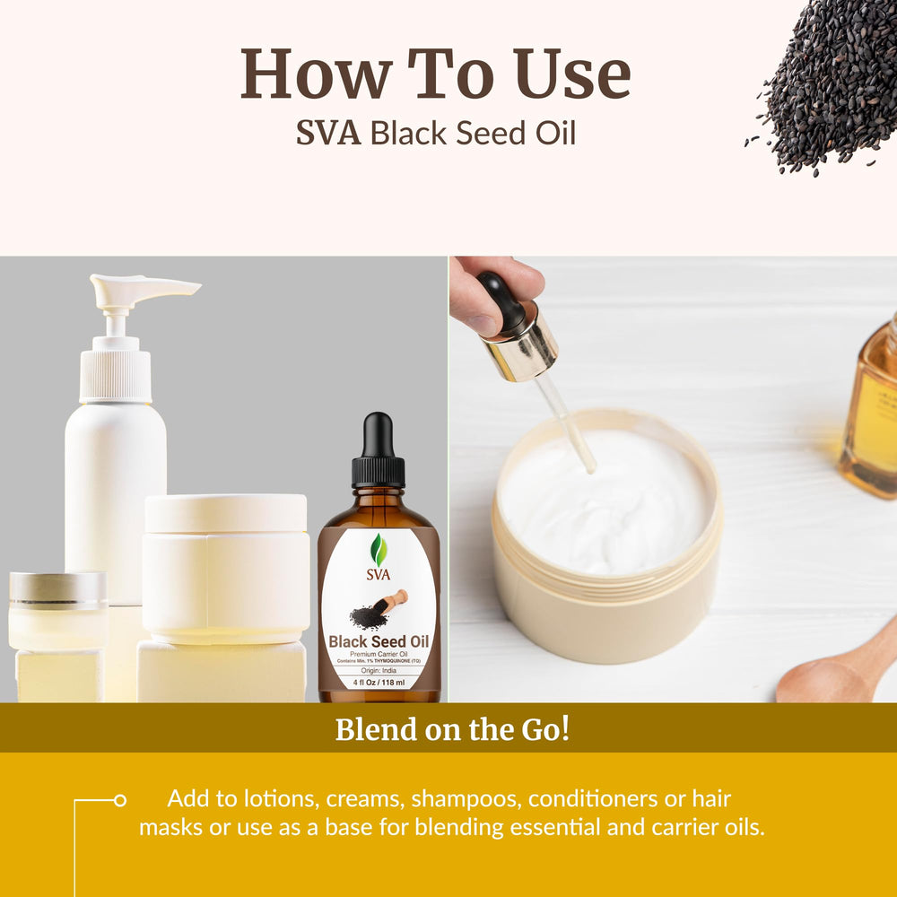 Warm SVA Black Seed Oil for deeper skin or scalp penetration.