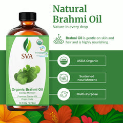 Closeup of SVA Brahmi Oil label highlighting organic formula.