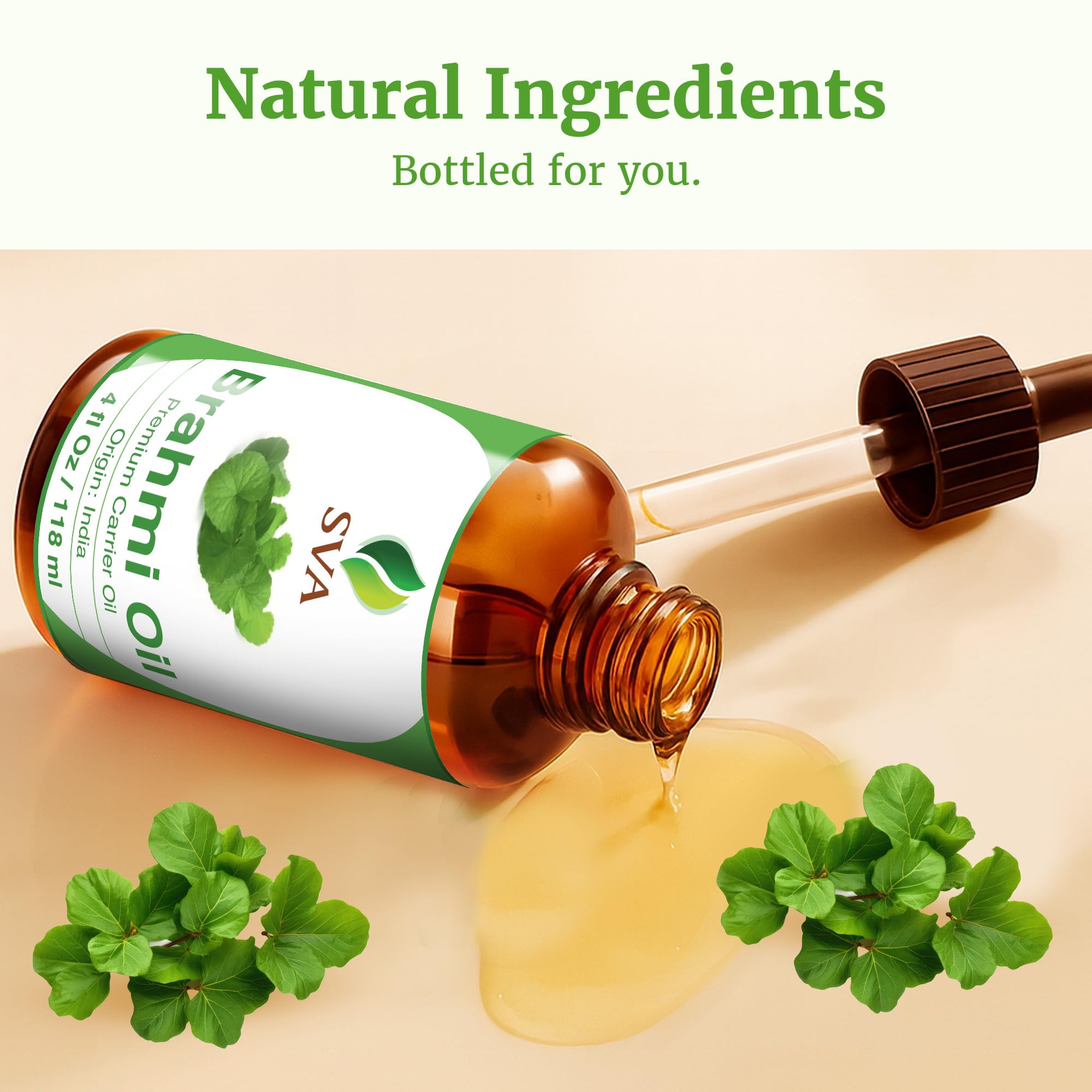 SVA Brahmi Oil packaging shown as natural, preservative-free