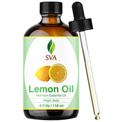 SVA ORGANICS Lemon Essential Oil 4oz bottle for easy diffusion and DIY skincare.