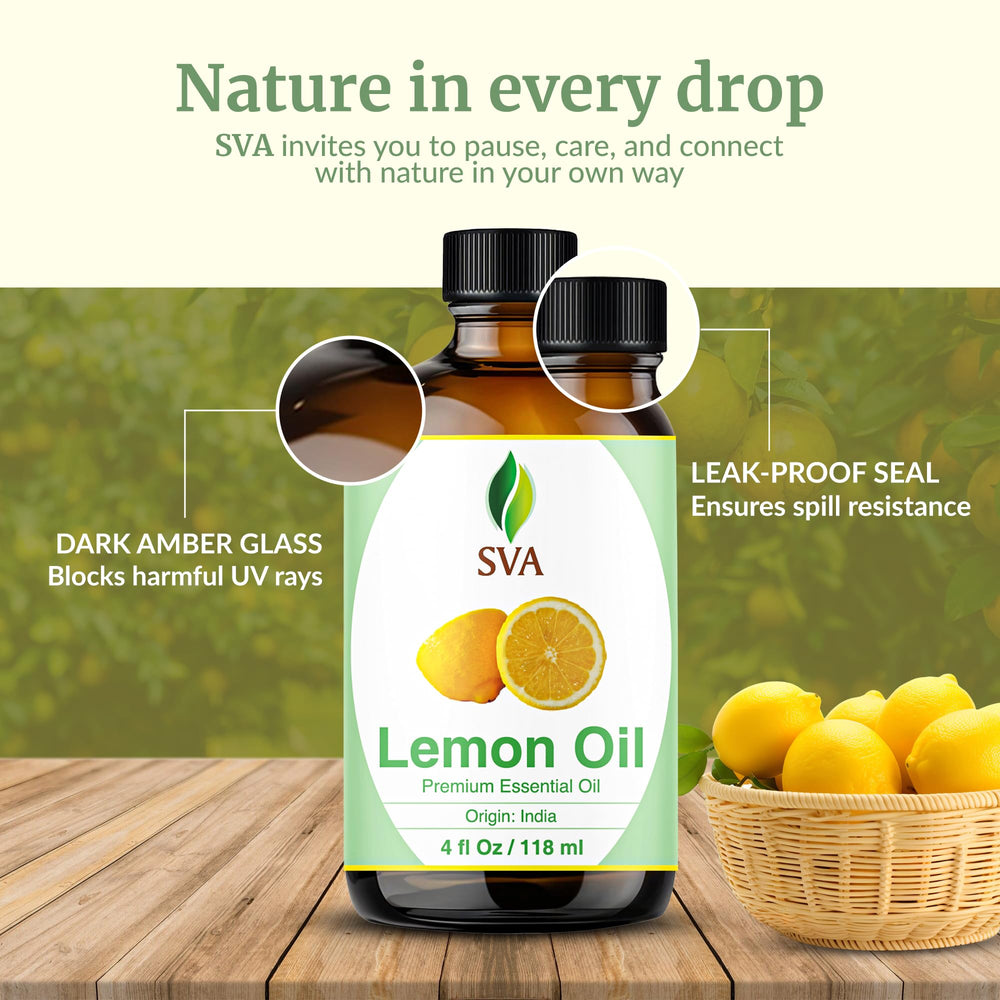SVA ORGANICS Lemon Essential Oil 4oz bottle for bath and potpourri refresh.
