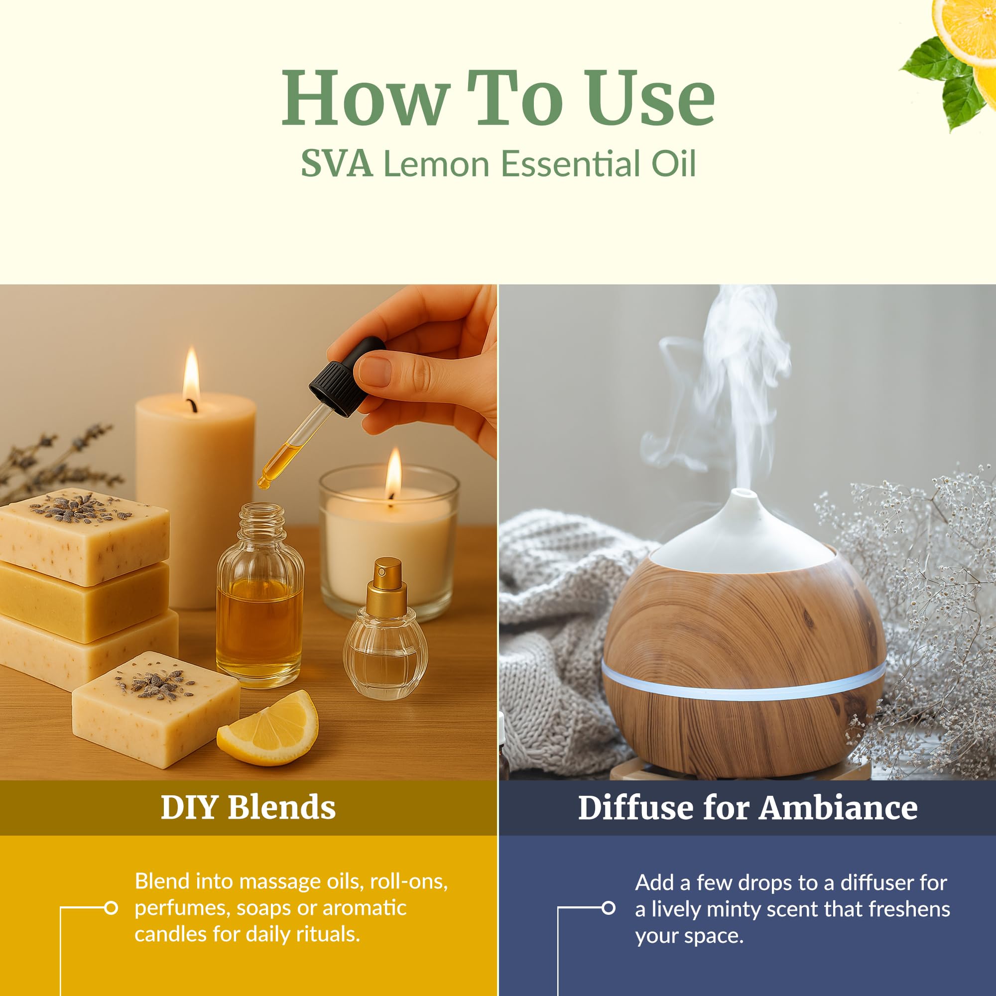 SVA ORGANICS Lemon Essential Oil DIY projects like soaps.