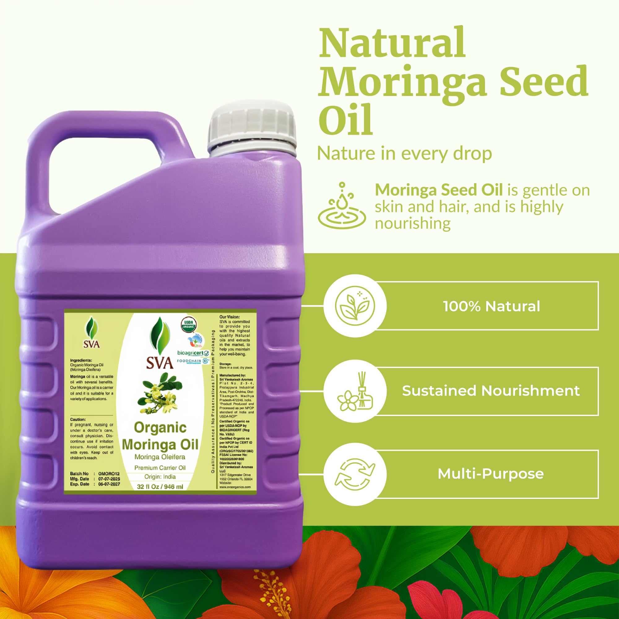 Close-up of golden SVA Moringa oil, natural scent