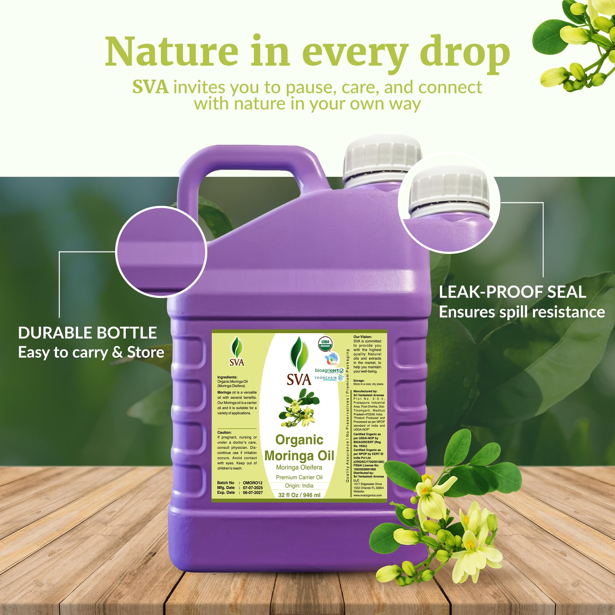 Glass bottle packaging of SVA Moringa Seed Oil