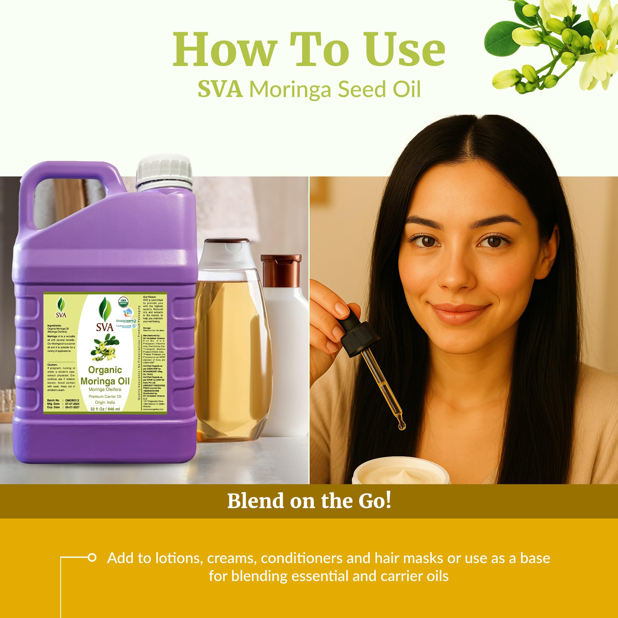 Warm SVA Moringa Oil for deep penetration during massage