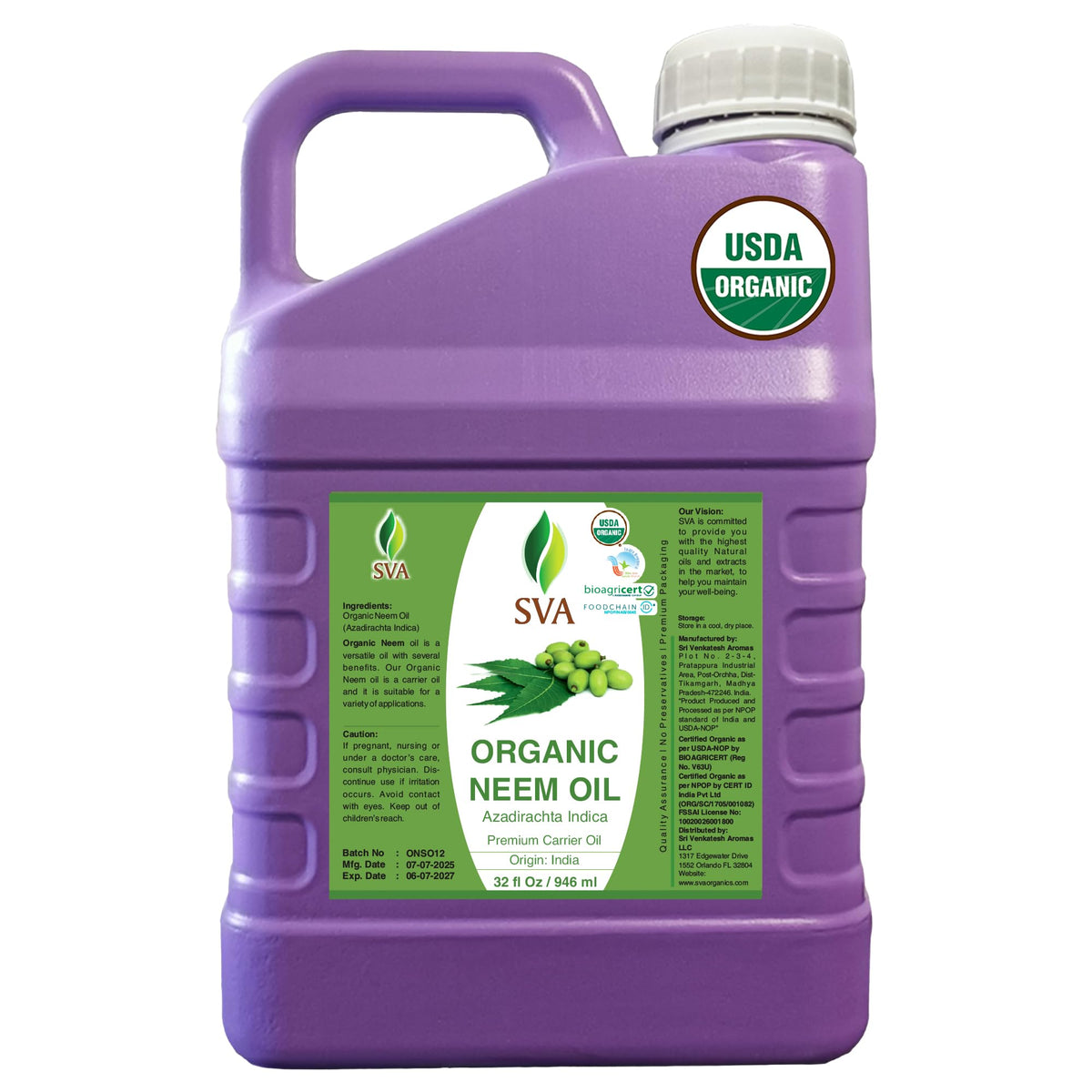SVA Neem Oil bottle—pure organic carrier oil for face and body moisturizer