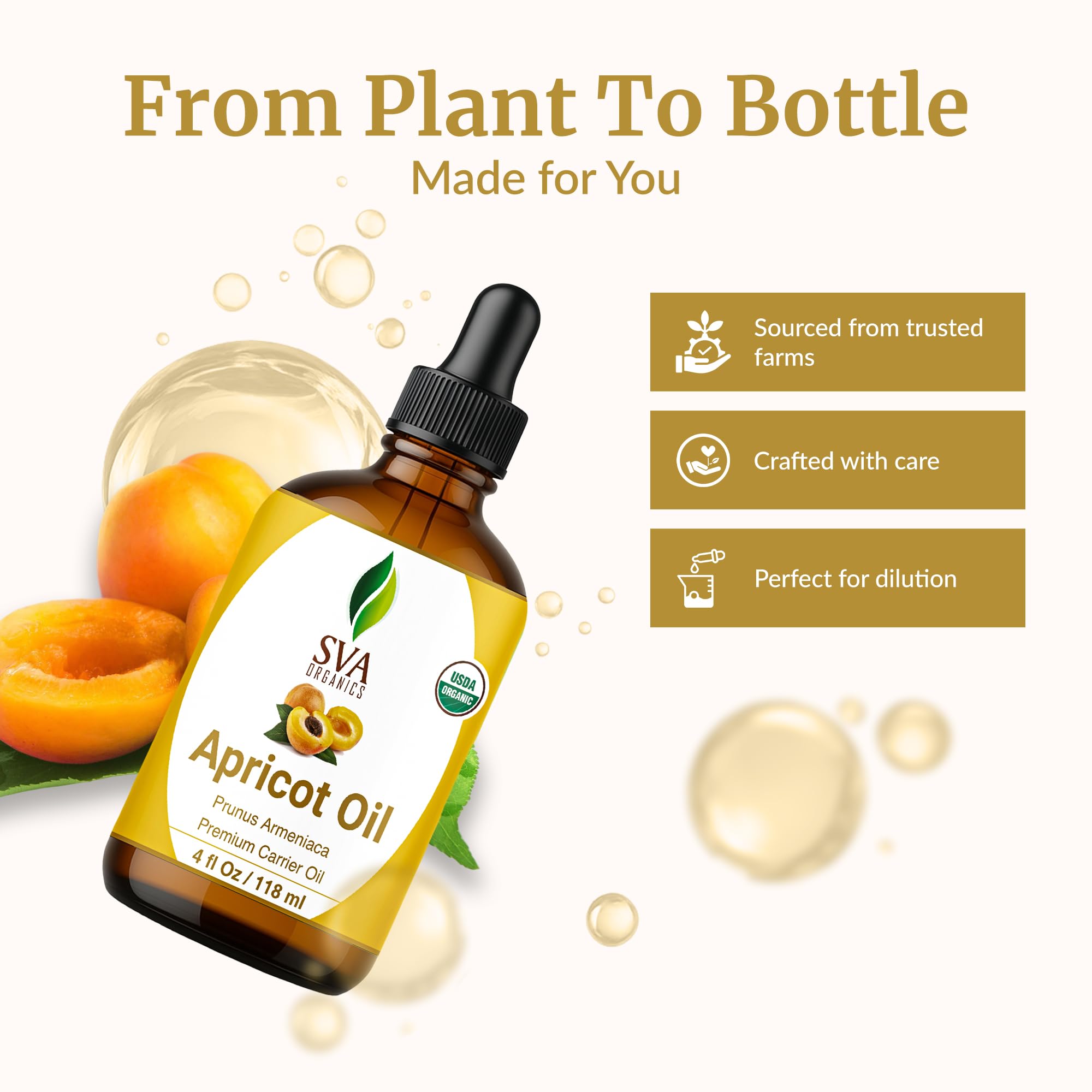 SVA Organics Aceite de albaricoque humecta la piel con absorción suave.