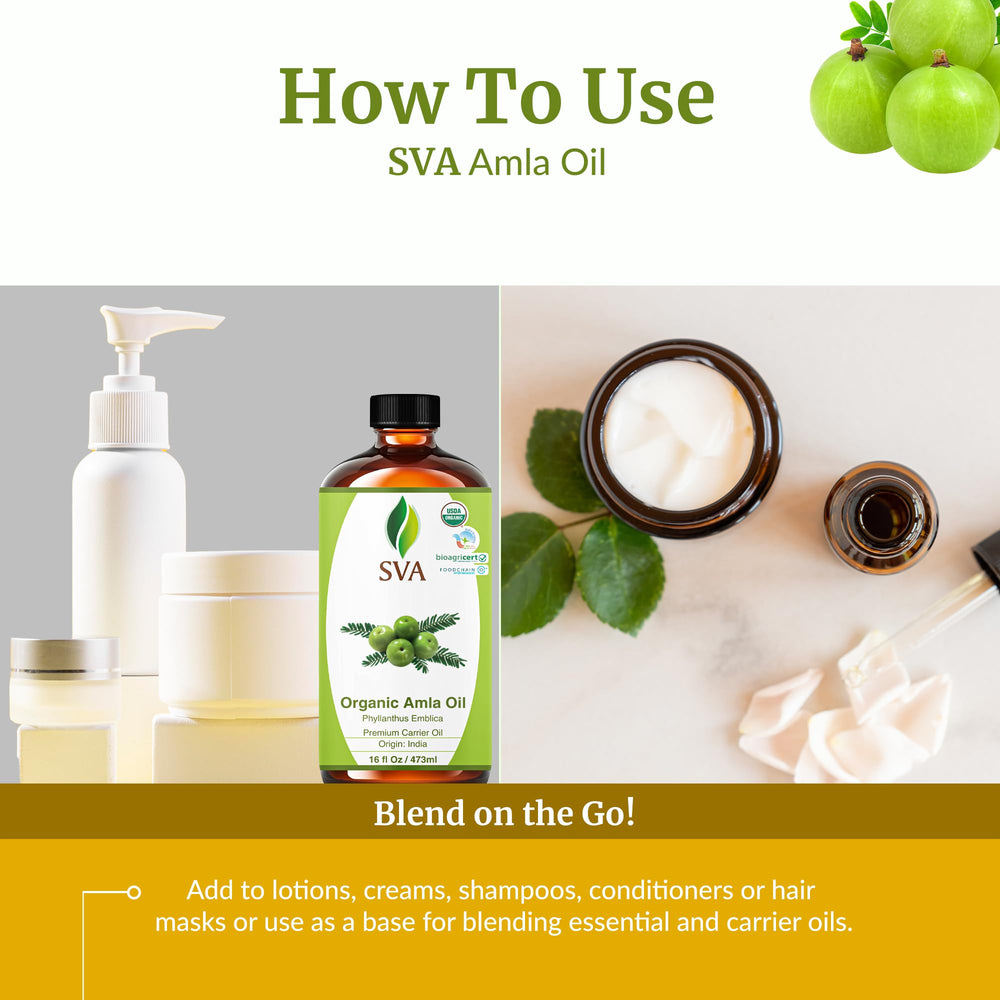 Palm-ready drops of SVA Organic Amla Oil for body massage routine.