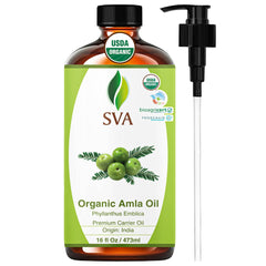 SVA Organic Amla Oil bottle for versatile skin and hair care.