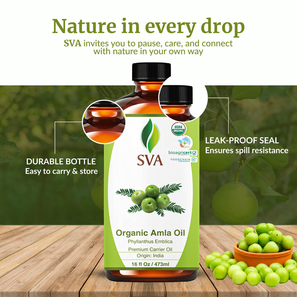 Packaging of SVA Organic Amla Oil showing preservative-free formula.
