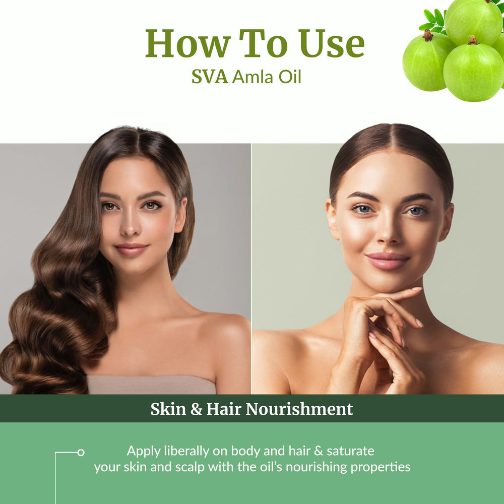Skin care with SVA Organic Amla Oil on cleansed skin for nourishment.