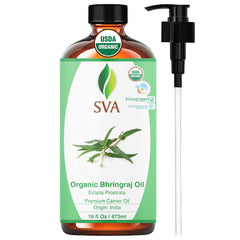 SVA Organics Bhringraj oil bottle highlighting premium organic care for hair and scalp.