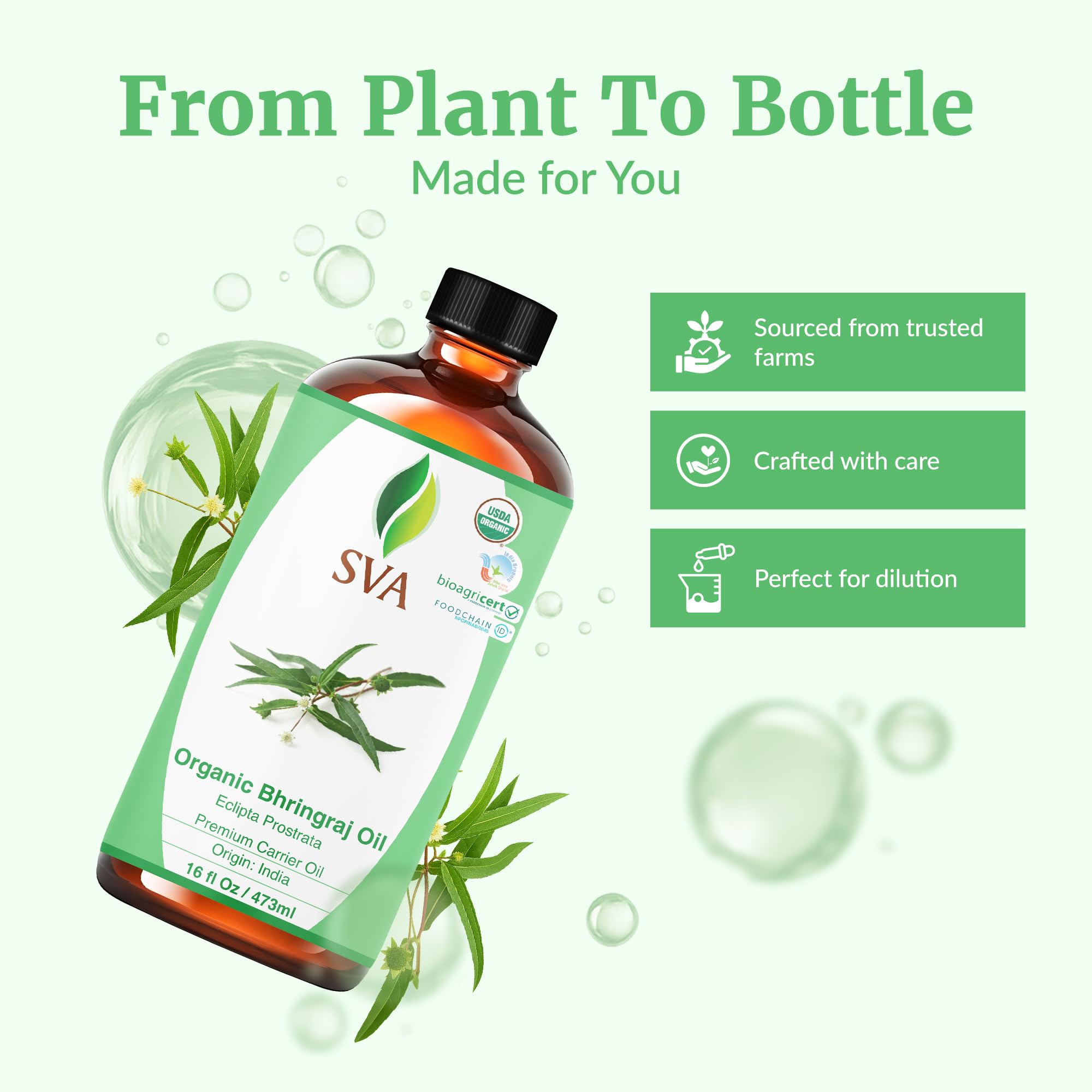 SVA Organics Bhringraj oil for hair care enhances shine and strength.