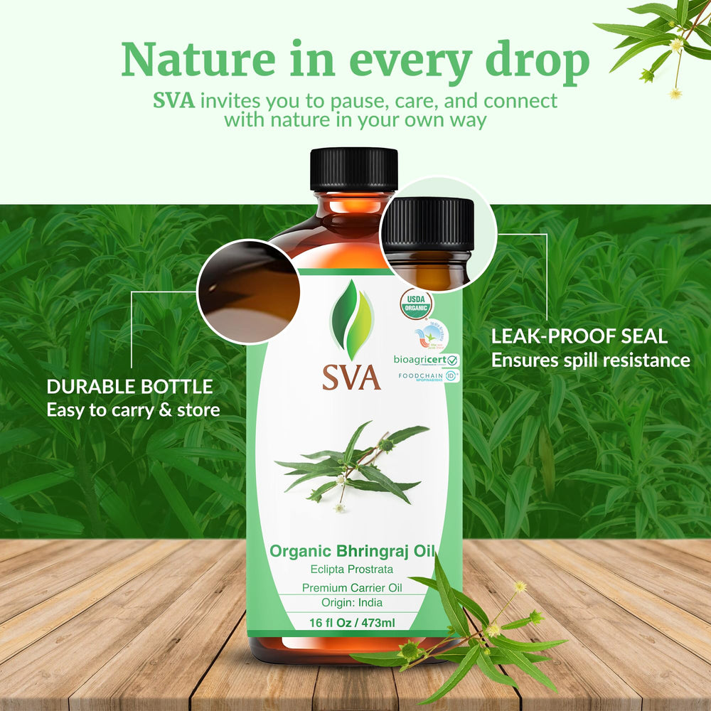 SVA Organics Bhringraj oil with natural ingredients supports daily routine.