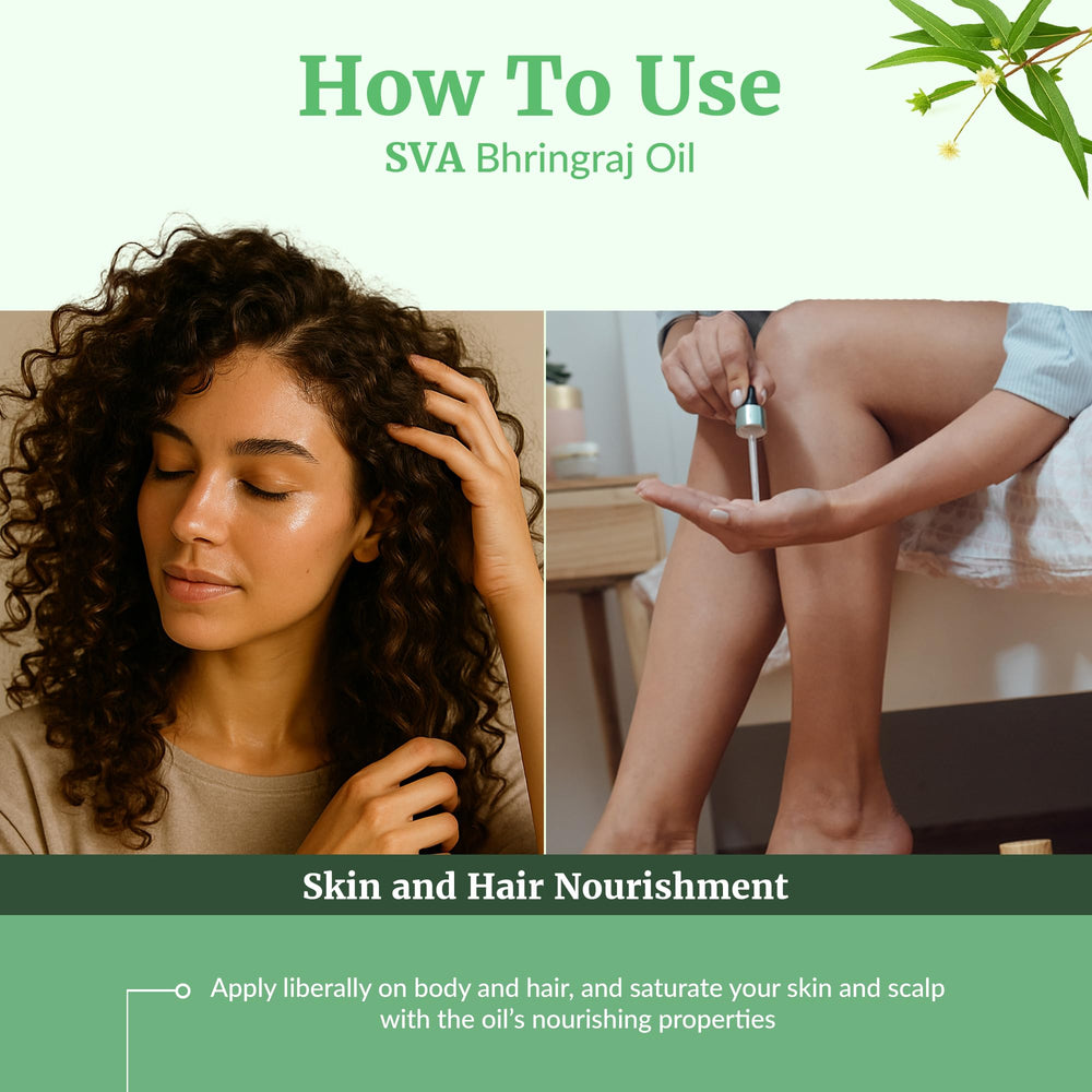 SVA Organics Bhringraj oil skin care supports moisturized, non-greasy finish.
