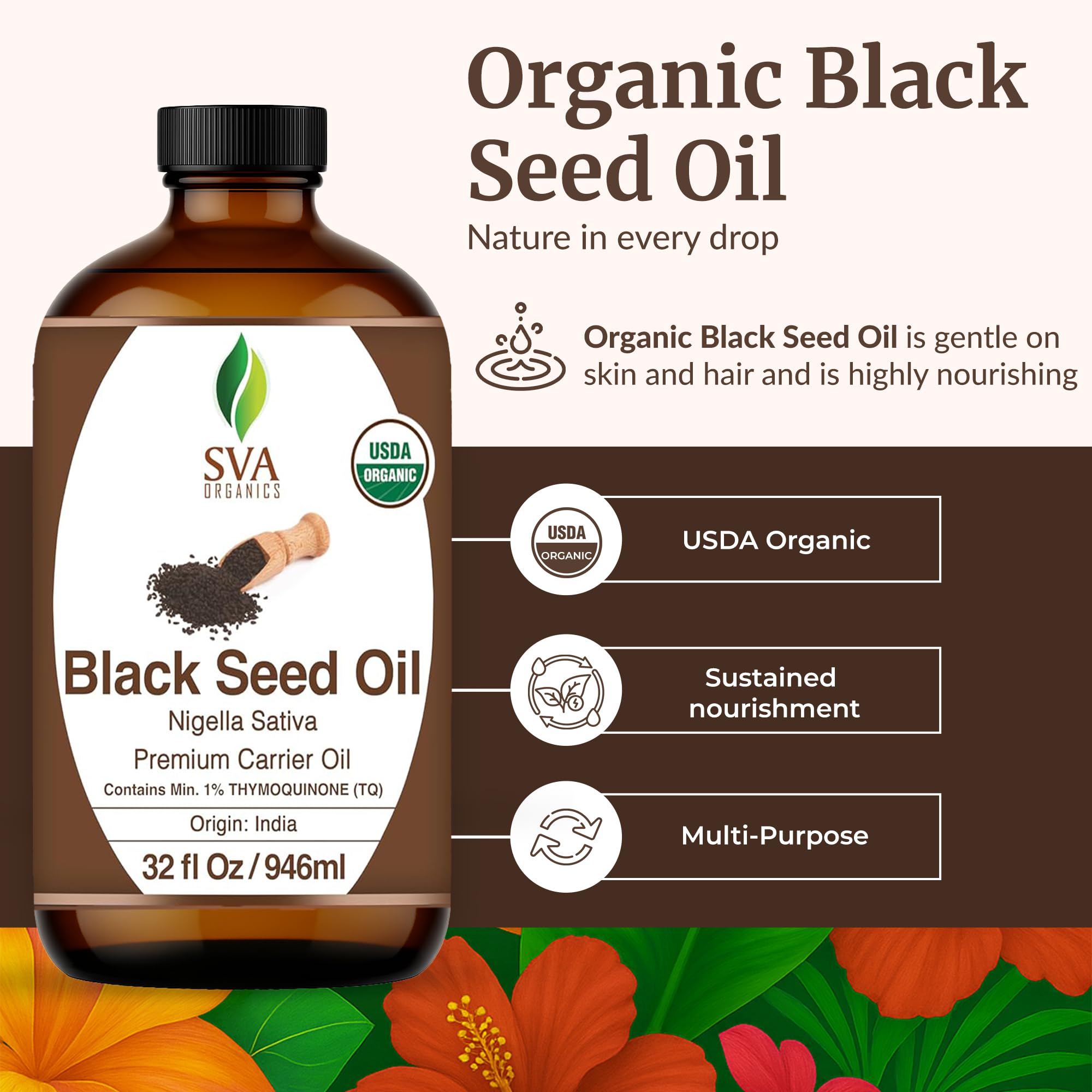 SVA Black Seed Oil amber bottle highlighting purity and hexane-free formula.