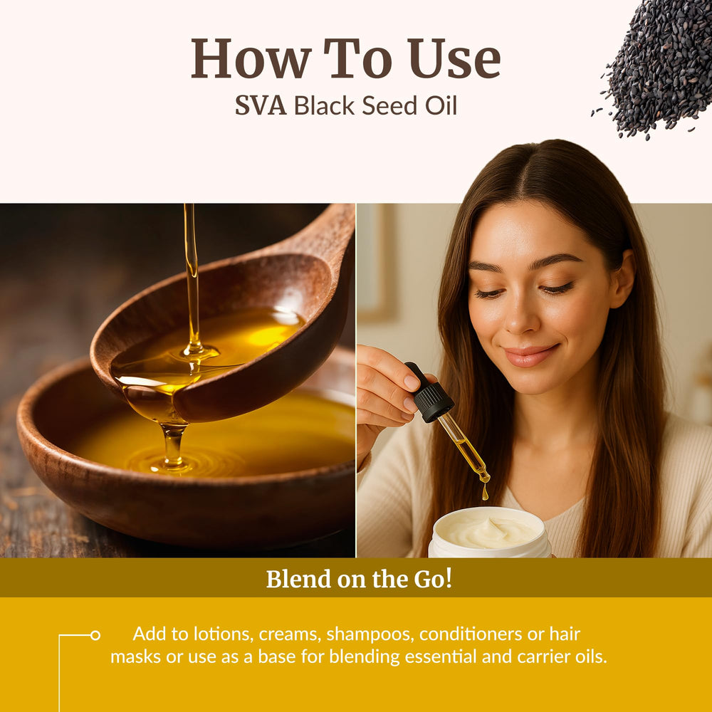 SVA Black Seed Oil label showcasing Indian-origin branding.